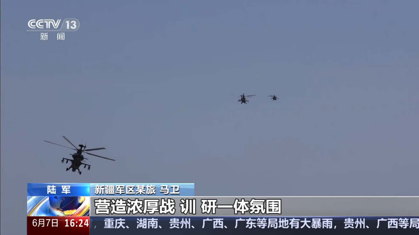 Z-10 light attack helicopters and Z-20T assault helicopters in flight after conducting a strike mission against HMMWV and PAC-3 missile launcher mockups